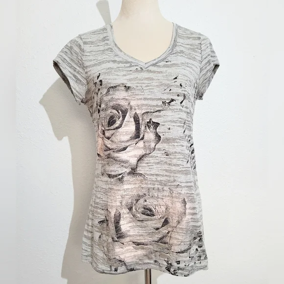 Y2K Vanity Burnout Cap Sleeve Baby Tee Shirt Womans Size Large Roses - Picture 3 of 9